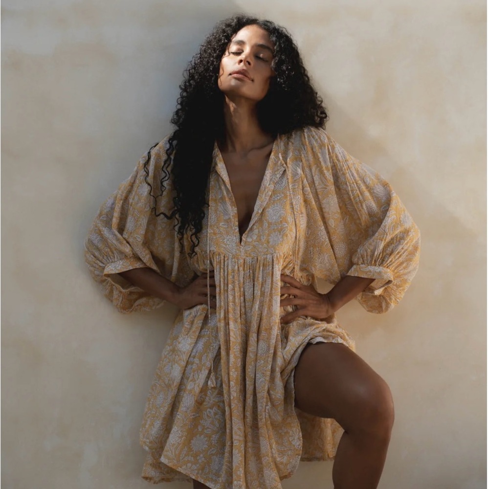 Daughters of India Kyra Mini Dress Cumin Cotton Puff Sleeve Sundress EUC